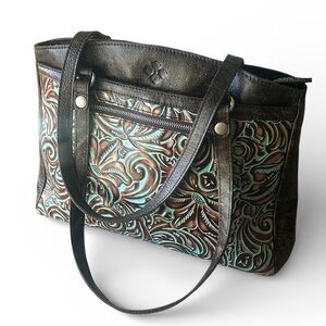 PATRICIA NASH Poppy Italian Leather Tooled Turquoise Tote or Shoulder Bag